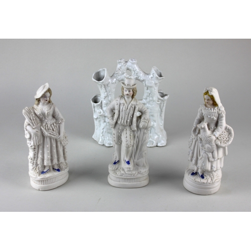 426 - Three 19th century bisque porcelain figures, with jewelled decoration and painted blue shoes, each a... 