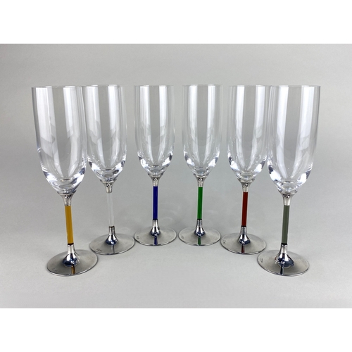 437 - An Italian silver mounted harlequin set of six glass champagne flutes each with clear glass bowl, si... 