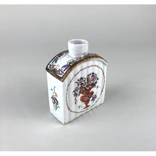 461 - An 18th century porcelain caddy, c.1790, the fluted arched form decorated in coloured enamels and gi... 