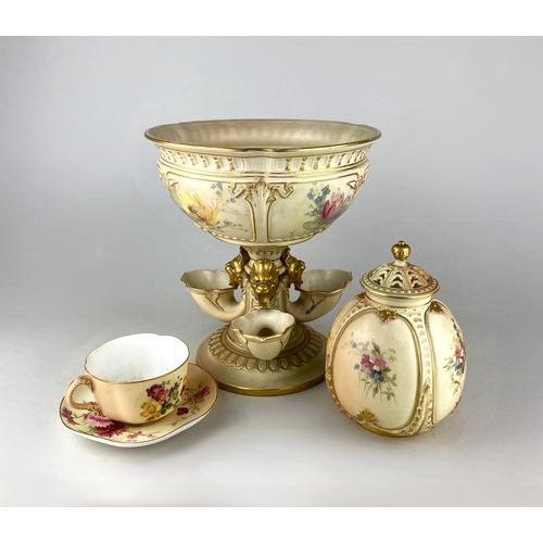 462 - A Royal Worcester porcelain table centrepiece decorated with flowers on a blush ivory ground, with b... 