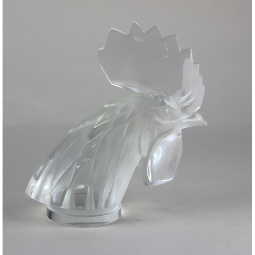 484 - A Lalique semi frosted and clear glass 'tete de coq car mascot' paper weight, underside engraved 'La... 