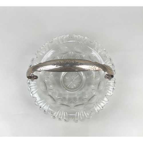 485 - A Dutch cut glass circular fruit bowl with engraved silver handle, silver hinge mounts and wavy bord... 