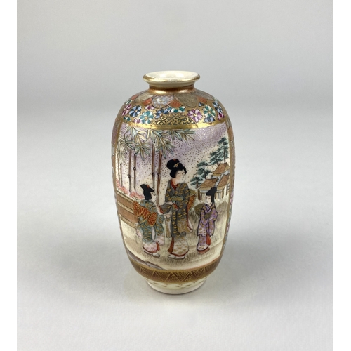 487 - A Japanese small satsuma vase decorated with opposing panels of figures in a garden, 10cm... 