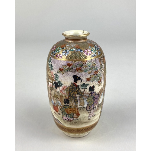 487 - A Japanese small satsuma vase decorated with opposing panels of figures in a garden, 10cm... 