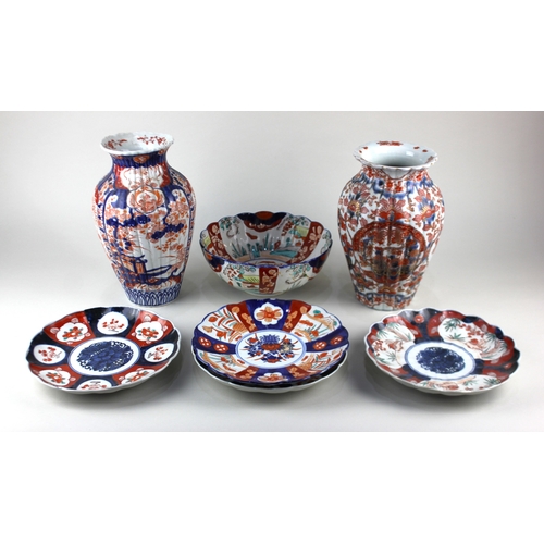 495 - A collection of Japanese Meiji Period Imari ceramics, comprising a heavier than usual fluted oviform... 