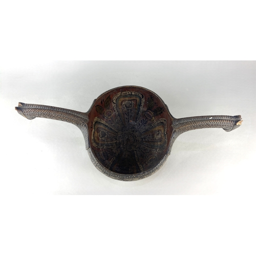613 - A Scandinavian wooden kasa of traditional form with horse head handles, painted decoration, and insc... 