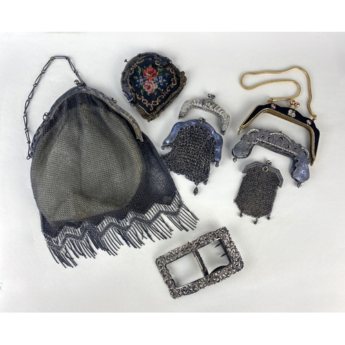615 - A Dutch silver buckle three various mesh cocktail purses, a tapestry purse and three various metal p... 