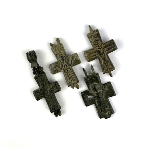 128 - Antiquities: three small Byzantine reliquary pendant crosses, 5.5cm, 5cm, 4.5cm, (af).... 