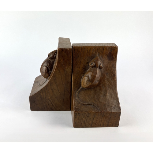 138 - A pair of Robert 'Mouseman' Thompson (1876 - 1955) carved oak bookends, each with carved mouse, heig... 