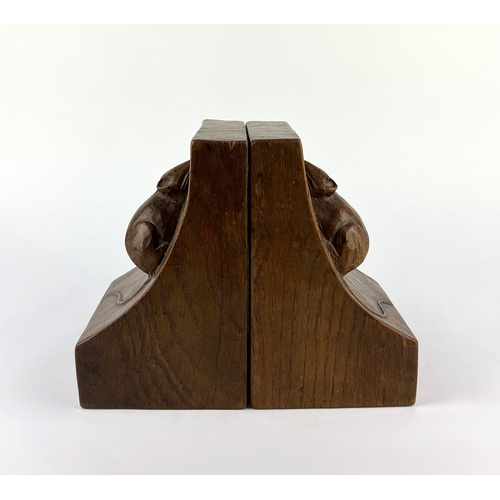 138 - A pair of Robert 'Mouseman' Thompson (1876 - 1955) carved oak bookends, each with carved mouse, heig... 