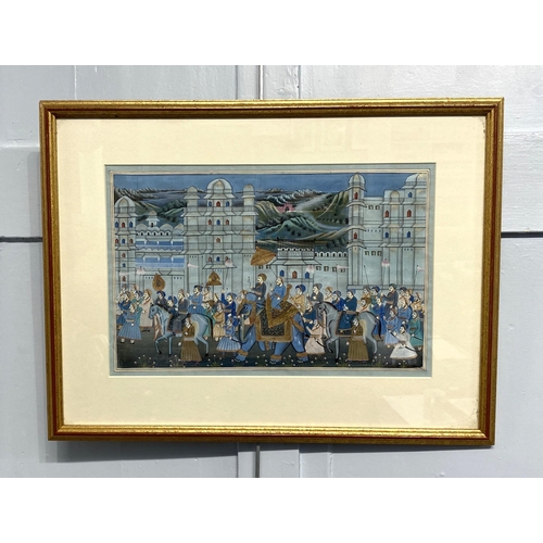 338 - A framed Indian gouache procession scene in shades of blue, with gilt embellishments, 23cm by 35.5cm... 