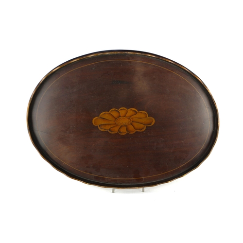 869 - An Edwardian mahogany inlaid tray with central decorative flower panel and wavy gallery edge 57cm wi... 