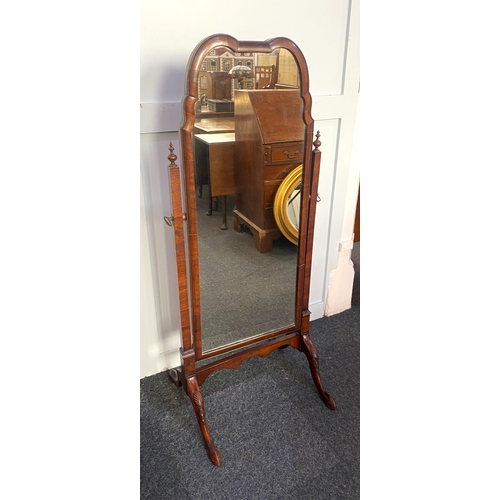 870 - A vintage George II style mahogany cheval mirror, the shaped frame on tapered square uprights with t... 