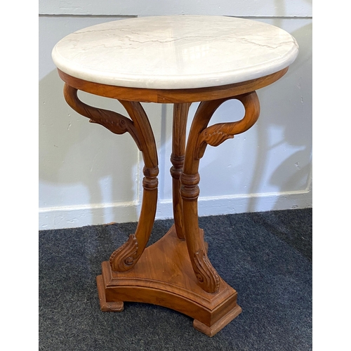 876 - A French Empire style marble topped carved hardwood side table, 20th century, having birds head and ... 