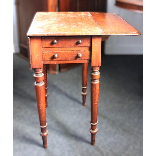 882 - A 19th century small mahogany Pembroke style side table, rectangular top with two drop flaps, two en... 