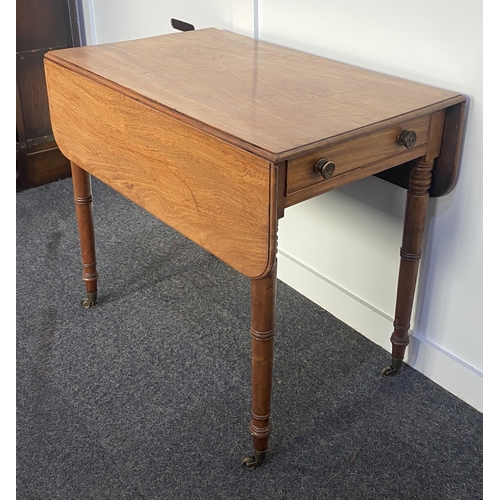 884 - An English mahogany Pembroke table, c.1830, the rectangular top with rounded drop leaves, single fri... 