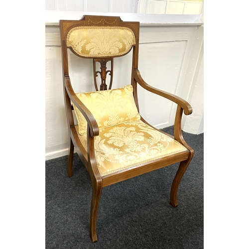 911 - An elegant Edwardian marquetry inlaid mahogany open armchair, sympathetically re-upholstered in a pe... 
