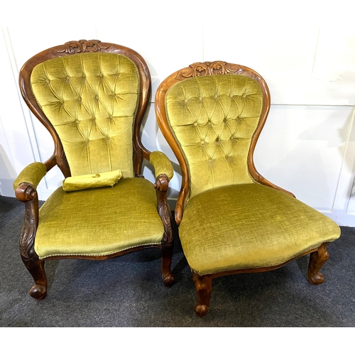 925 - A pair of Victorian ladies and gentlemans carved walnut 'show wood' framed armchairs, re-upholstered... 