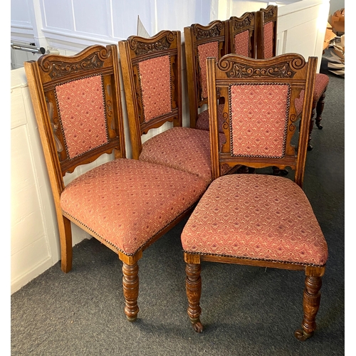 926 - A set of six Edwardian carved medium oak dining chairs, c.1900, having foliate and scroll carved top... 