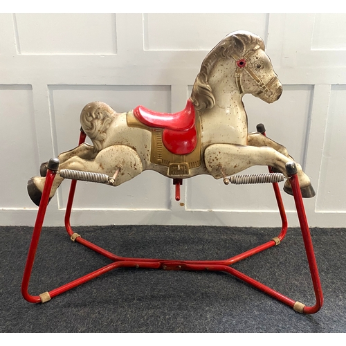 241 - A Mobo 'Praire King' spring rocking horse, mid 20th century, bearing makers label to front, on stand... 