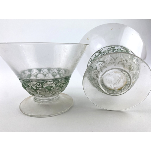 30 - A pair of Rene Lalique 'Pouilly' champagne glasses, each with moulded green band of a school of fish... 
