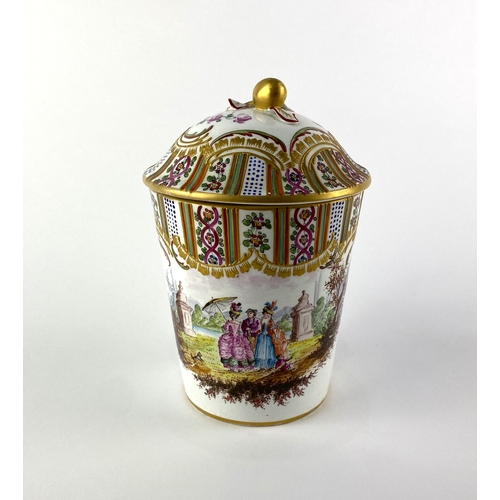 4 - An early 19th century Marseilles porcelain chocolate cup and cover decorated with a vignette of figu... 