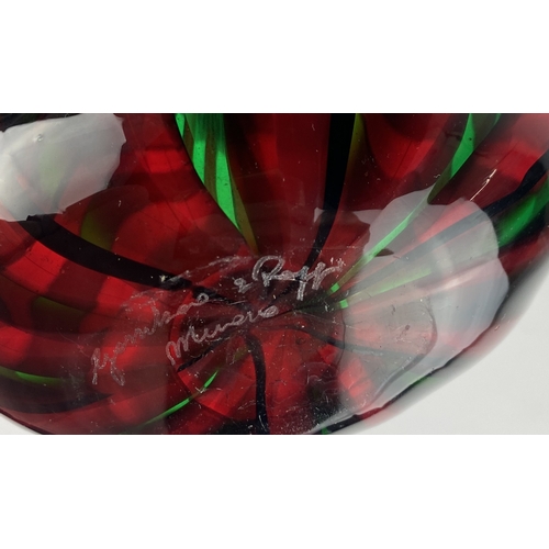 1 - A Gambaro and Poggi Murano glass vase of slender baluster form with red, green and back stripes, eng... 