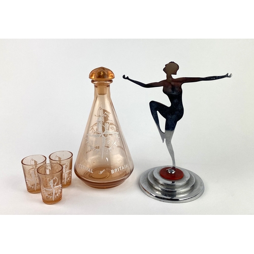 12 - A Festival of Britain 1951 orange tinted glass decanter and stopper, 19cm high, and with three match... 