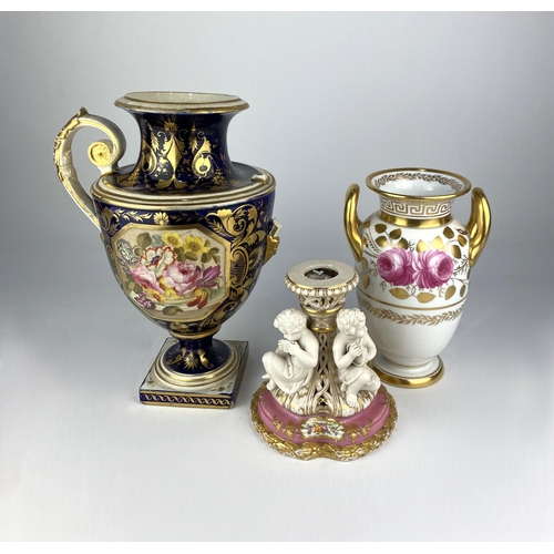 19 - An early 19th century Derby porcelain two handled urn shaped vase with painted floral panel and gilt... 
