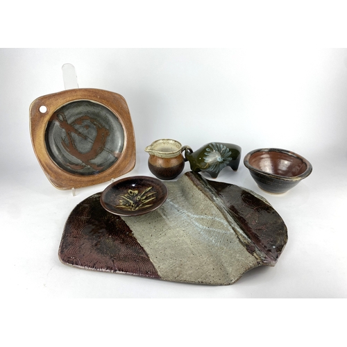 51 - A John Leach for Mulcheney pottery square shaped dish 22cm, (a/f), a Mulcheney pottery bowl 14.5cm d... 