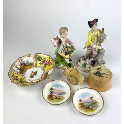 52 - A Royal Worcester porcelain blush ivory trinket pot and cover decorated with swallows and a miniatur... 