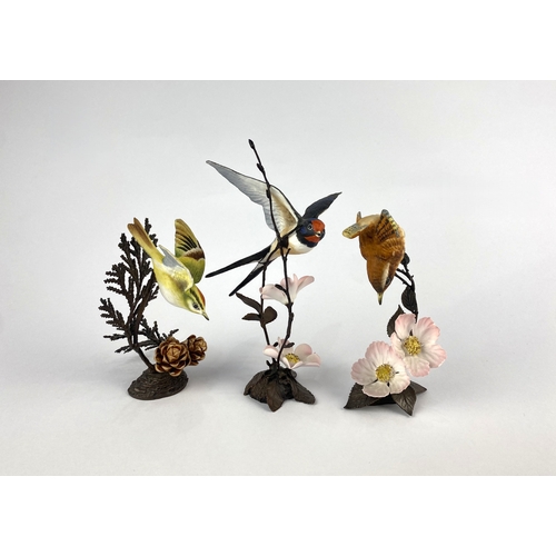 12 - Three Royal Worcester bone china and bronze models of birds with certificates, tallest 14cm high... 