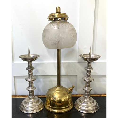 133 - A pair of pewter pricket candlesticks 37cm high, and a brass Tilley table lamp with glass shade (a/f... 