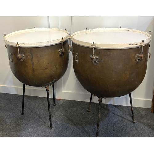 163 - Two vintage English made Premier Everplay kettle drums on stands, 58cm diameter by 83cm high and 52c... 