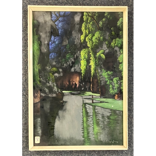 168 - Benny Hill : Mexican School (mid 20th century), a landscape scene with lake and trees, oil on silk v... 