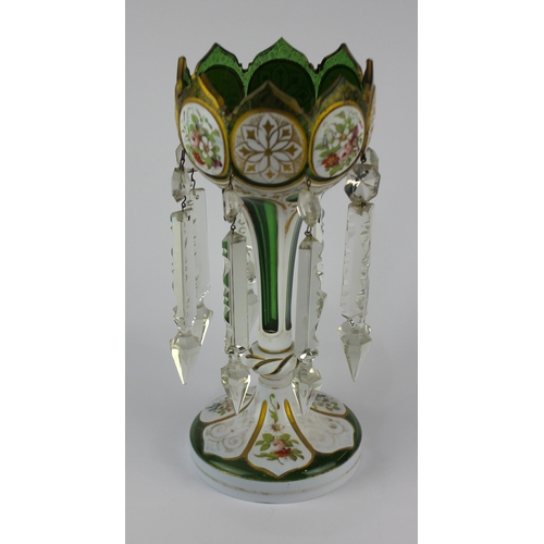 17 - A 19th century Bohemian green glass and enamel decorated table lustre, decorated with alternating fl... 