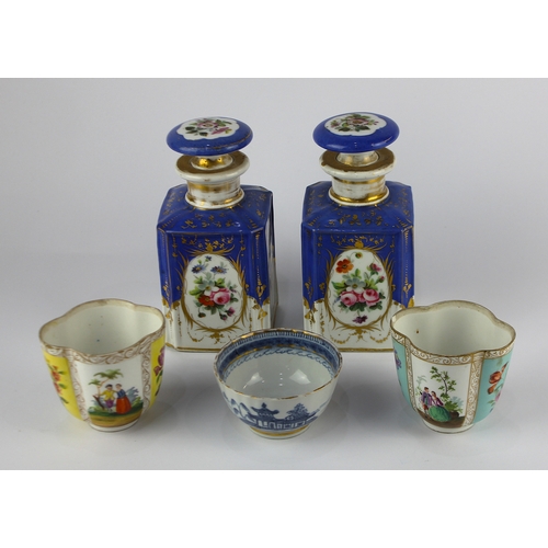 23 - A pair Augustus Rex revival quatrefoil pots, painted with figural and floral panels, gilt heightened... 