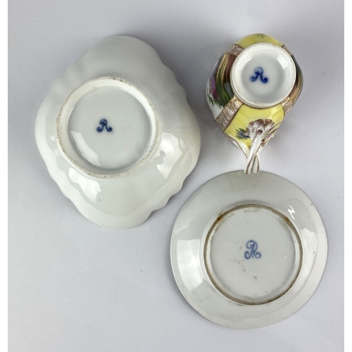 27 - A Dresden/ Helena Wolfsohn type porcelain cabinet cup and saucer, each decorated with panels of cour... 