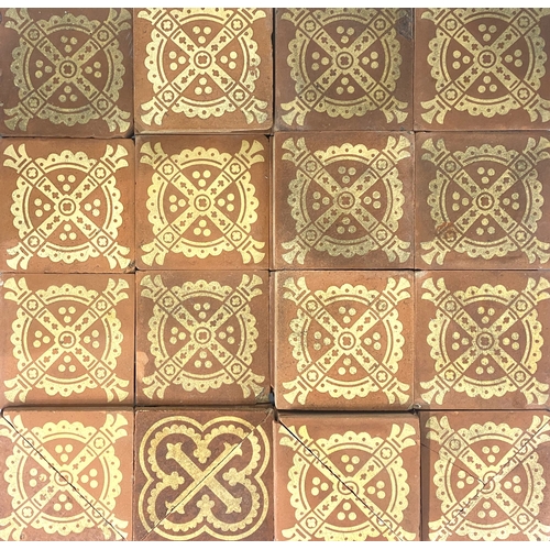 31 - Twenty-five Maw & Co encaustic tiles (six cut in half) with with cross and circle design in buff... 