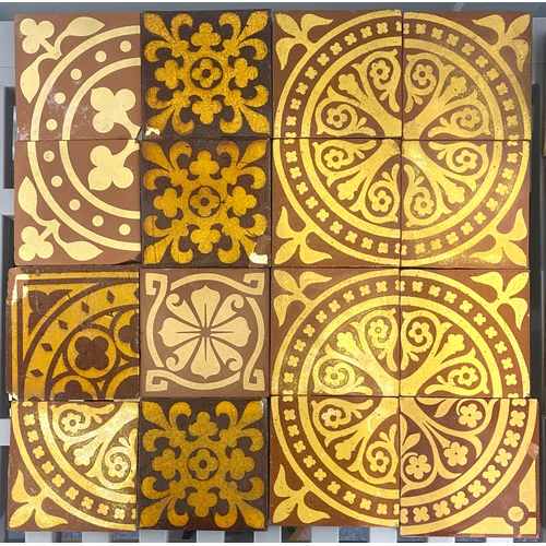 45 - Sixteen encaustic tiles to include Craven Dunnill & Co Jackfield, each with buff design on terra... 