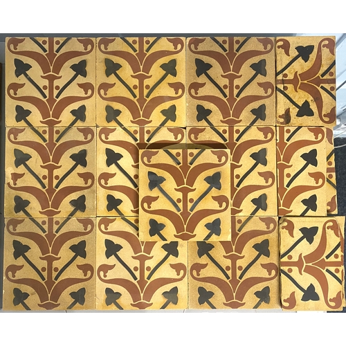 50 - Nineteen Malkin & Co Burslem encaustic tiles and six part sections, with repeating foliate desig... 
