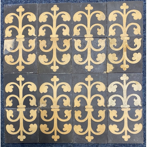 51 - Fifty-four encaustic border tiles with black and buff scrolling design, 7.7cm by 7.7cm... 