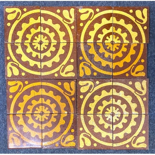 53 - Four groups of four Craven Dunnill & Co encaustic tiles (sixteen total), with flower and circle ... 