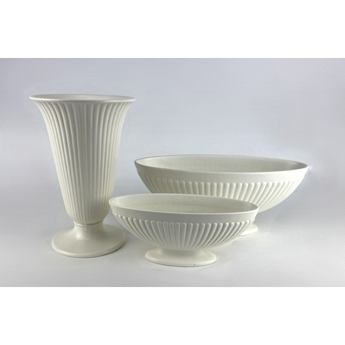 6 - Three Wedgwood & Barlaston of Etruria moonstone white ribbed vases tallest 20cm high... 