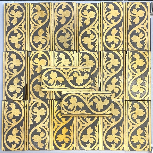 60 - Twenty W Godwin encaustic border tiles with repeating foliate design in buff and black 15.2cm by 7.5... 