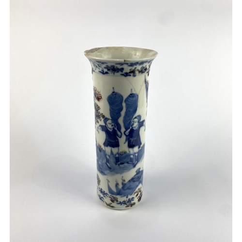 112 - A 19th century Chinese blue, white and brown porcelain sleeve vase, painted with warriors and attend... 