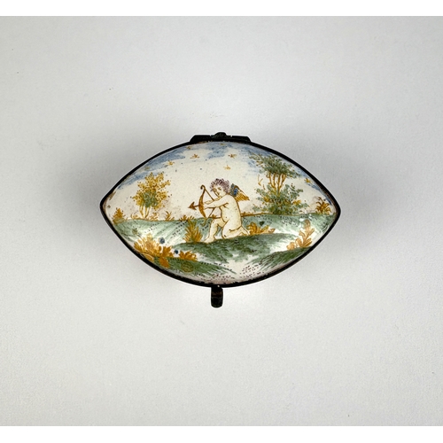 1 - A Georgian porcelain snuff box with metal mounts, eliptical form, hinged lid, the lid decorated with... 