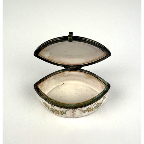 1 - A Georgian porcelain snuff box with metal mounts, eliptical form, hinged lid, the lid decorated with... 