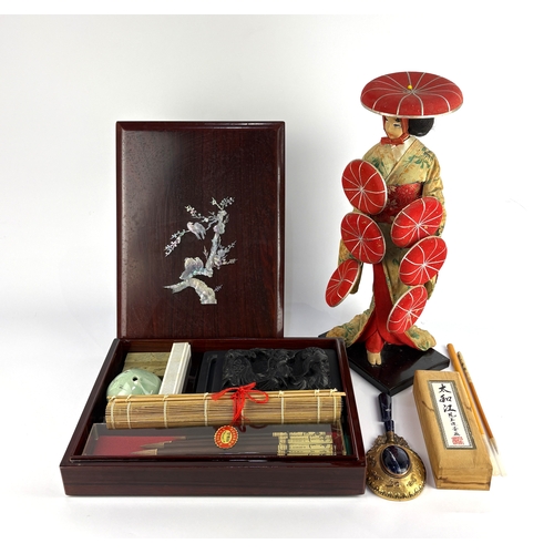 108 - A vintage Japanese calligraphy set, within box with lid inset with mother of pearl scene of birds an... 