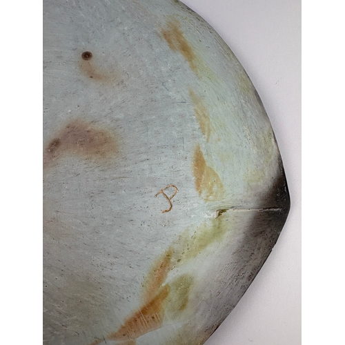 18 - Jane Perryman (b 1947), a smoke fired porcelain and T-material dish with striped decoration, incised... 